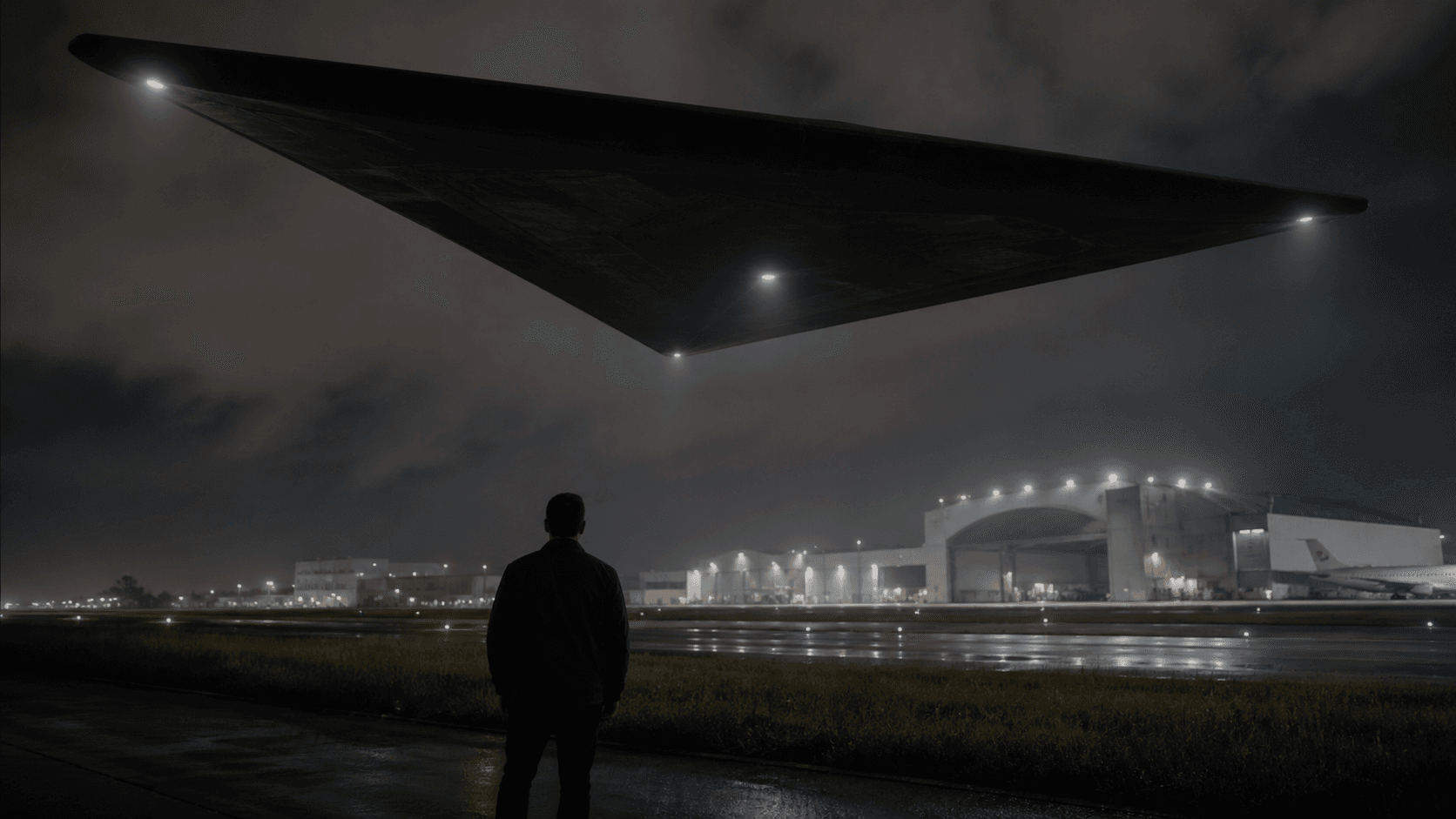 Editorial illustration of an anonymous figure beneath a dark triangular object near a military flight line at night.