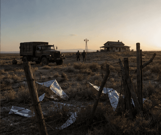 Editorial illustration of a 1947 New Mexico ranch scene with reflective debris, a military truck, and a distant ranch house.