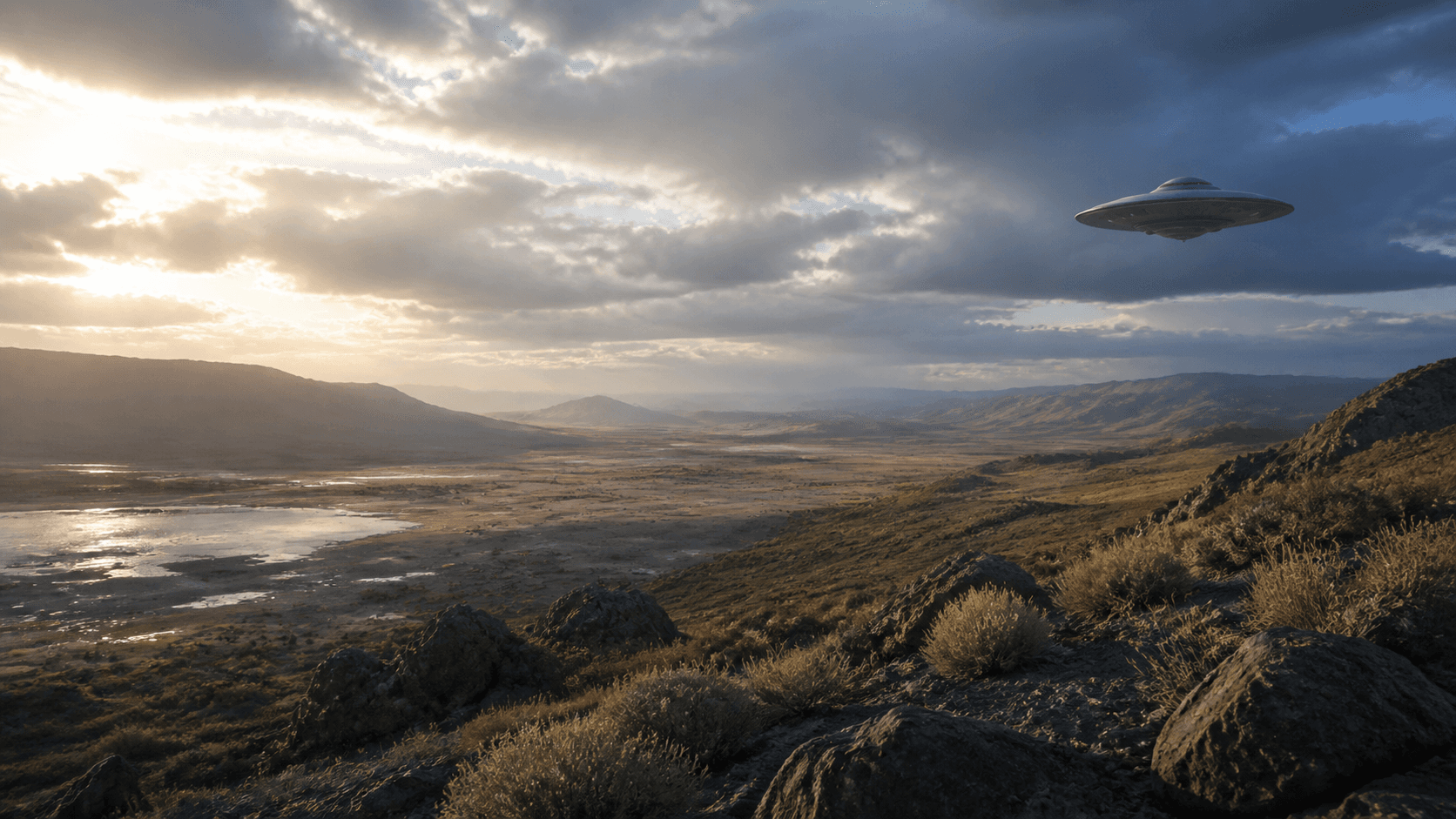 Editorial illustration of a metallic disc-shaped object above a high-desert basin after a summer storm.